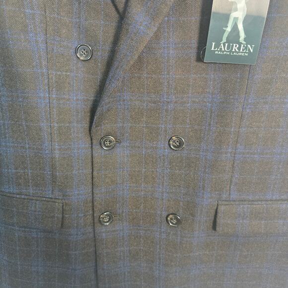 Lauren Ralph Lauren Double-Breasted Blazer Brown Blue Windowpane 40R NWT - Picture 8 of 12